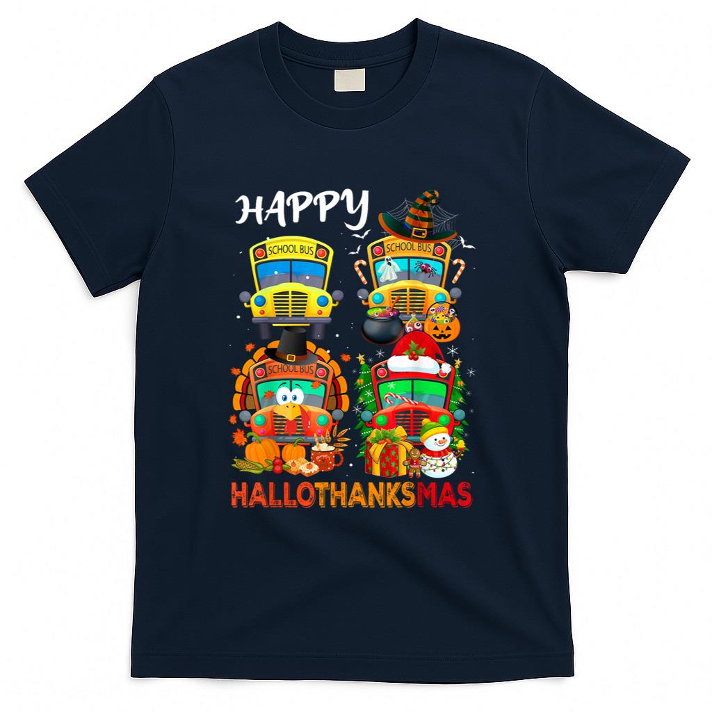 Witch Turkey Santa School Buses Happy HalloThanksMas Boys T-Shirt