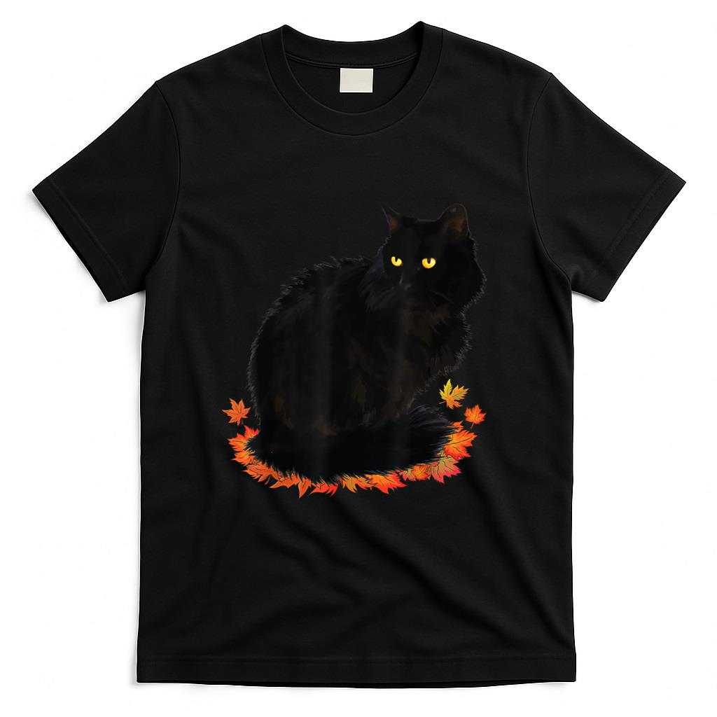 Black Cat Fall Season Autumn Leaves Cat Lover Men Women Kids T-Shirt