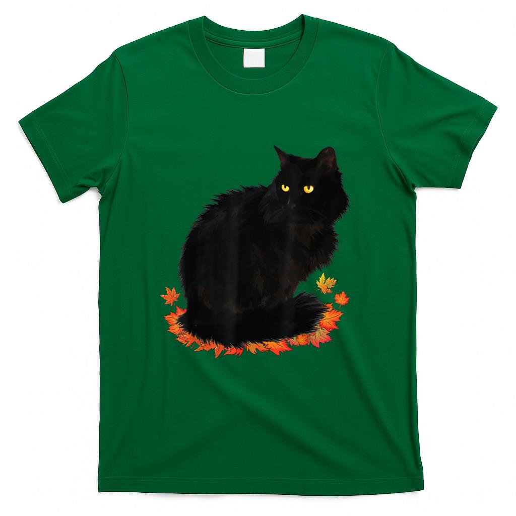 Black Cat Fall Season Autumn Leaves Cat Lover Men Women Kids T-Shirt