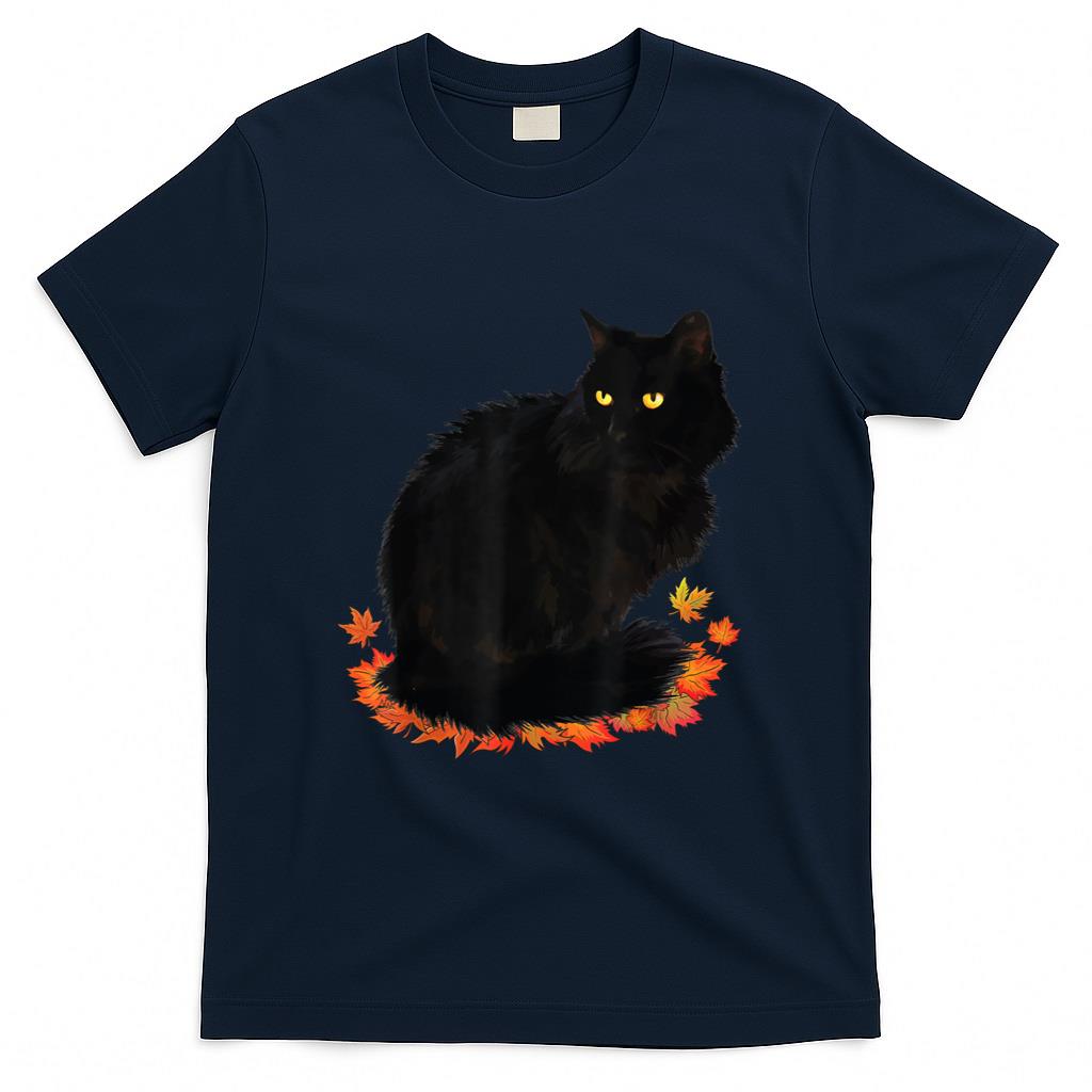 Black Cat Fall Season Autumn Leaves Cat Lover Men Women Kids T-Shirt
