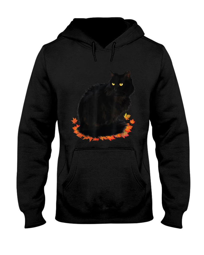Black Cat Fall Season Autumn Leaves Cat Lover Men Women Kids T-Shirt