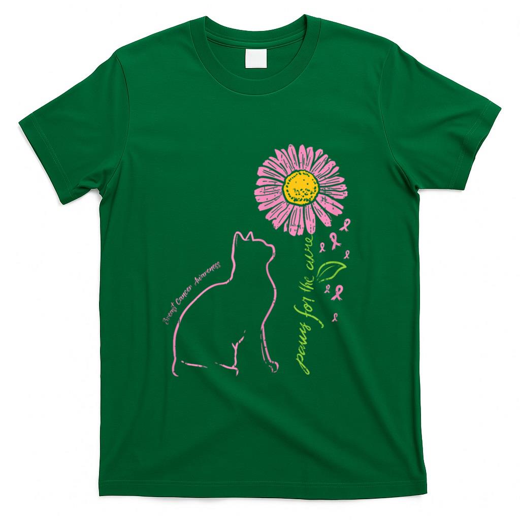 Cat Flower Paw For Cure Breast Cancer Awareness Support Gift T-Shirt