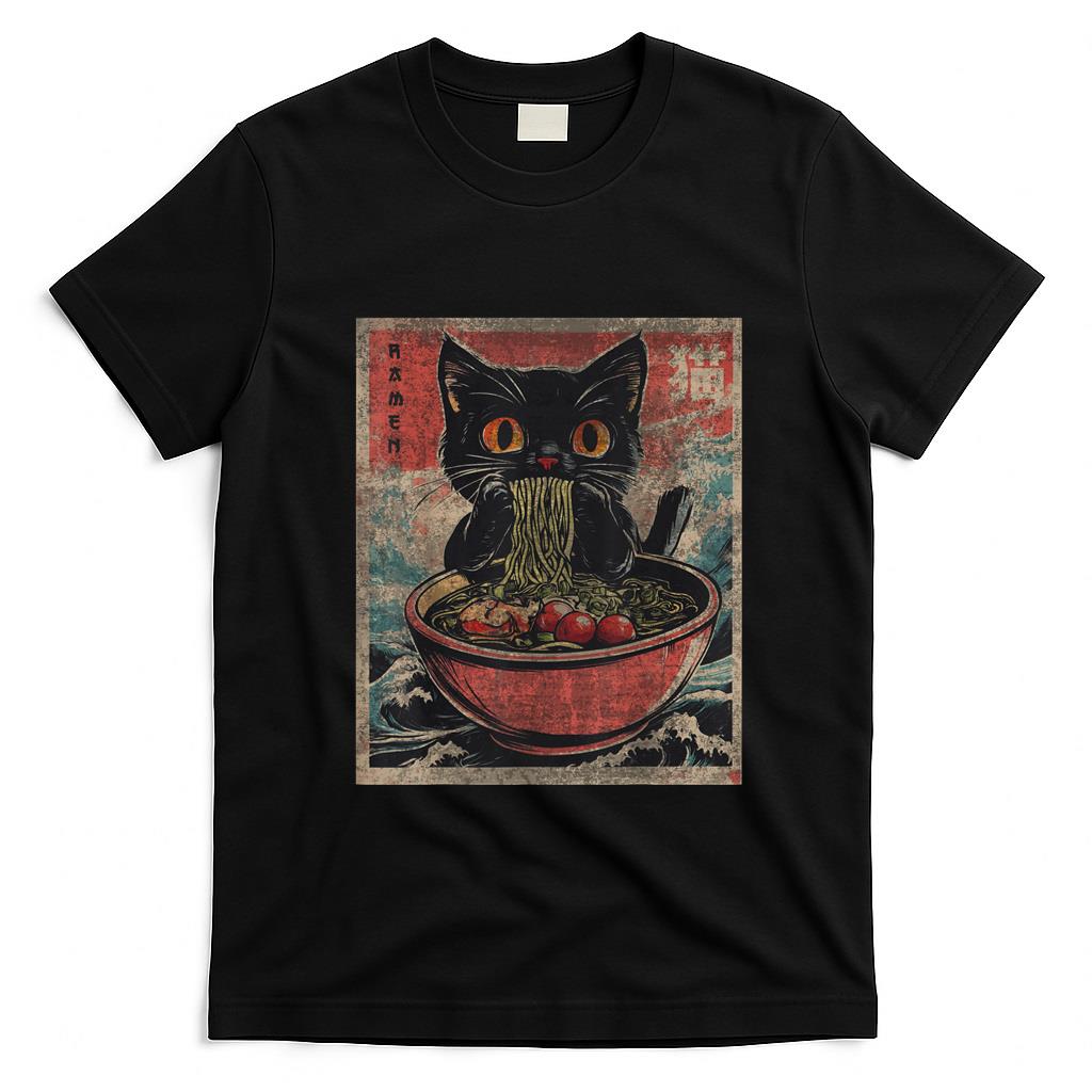 Funny Tees - Unisex Anime Cat Ramen Japanese Funny Graphic Tees Kawaii Cat Anime Gifts T-Shirt Black XS