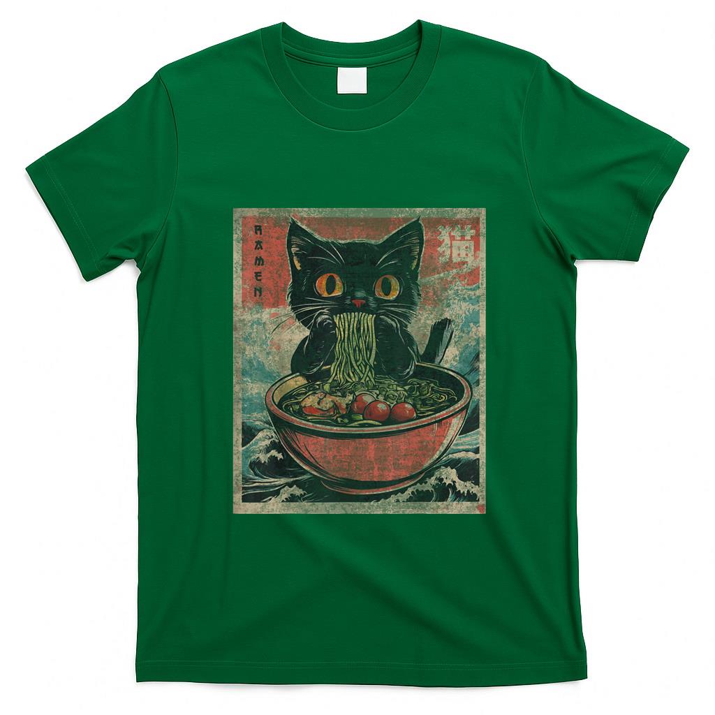 Funny Tees - Unisex Anime Cat Ramen Japanese Funny Graphic Tees Kawaii Cat Anime Gifts T-Shirt Black XS