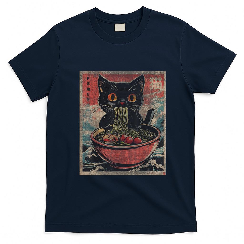 Funny Tees - Unisex Anime Cat Ramen Japanese Funny Graphic Tees Kawaii Cat Anime Gifts T-Shirt Black XS