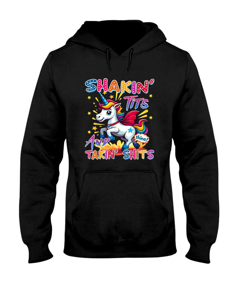 Funny Tees - Shakin' Tits and Takin Shits Funny Unicorn Dirty Adult Humor T-Shirt