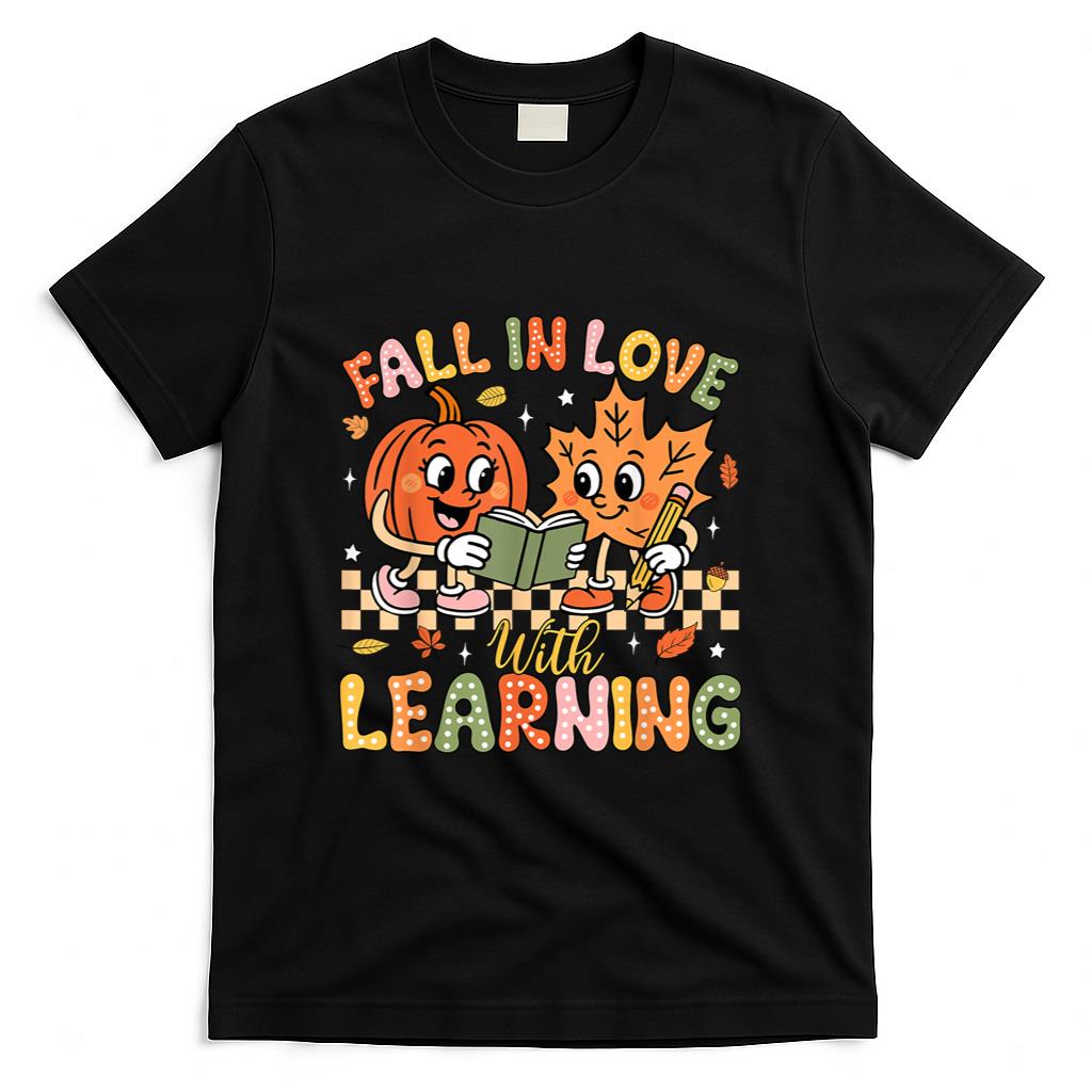 Retro Fall In Love With Learning Autumn Pumpkin Teacher Kids T-Shirt