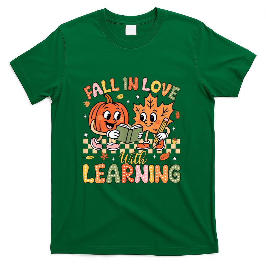 Retro Fall In Love With Learning Autumn Pumpkin Teacher Kids T-Shirt