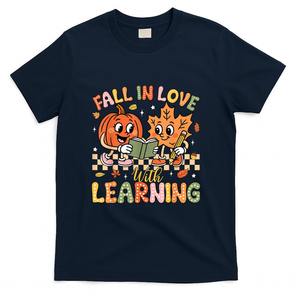 Retro Fall In Love With Learning Autumn Pumpkin Teacher Kids T-Shirt