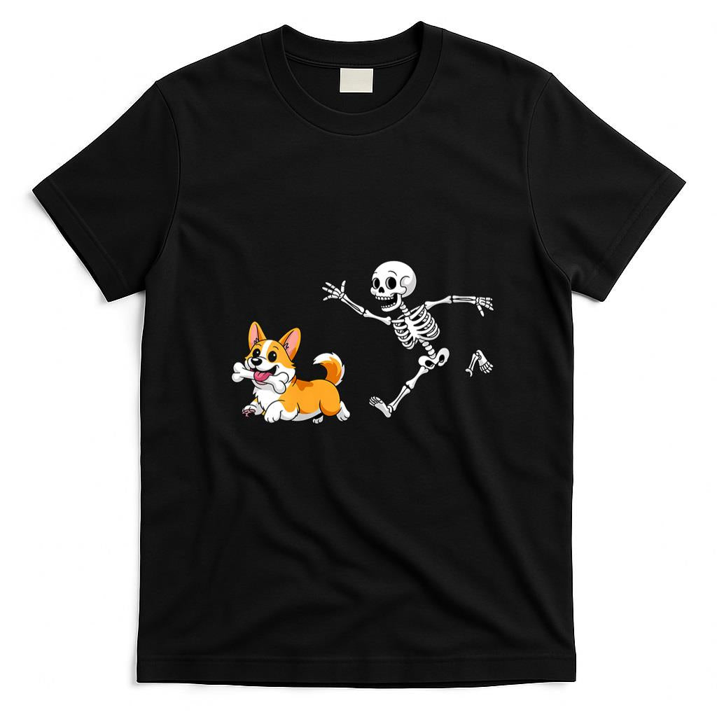 Pet Mom Halloween Shirt - Womens Funny Skeleton Chasing Corgi Halloween Dog Mom Pet Lover V-Neck T-Shirt