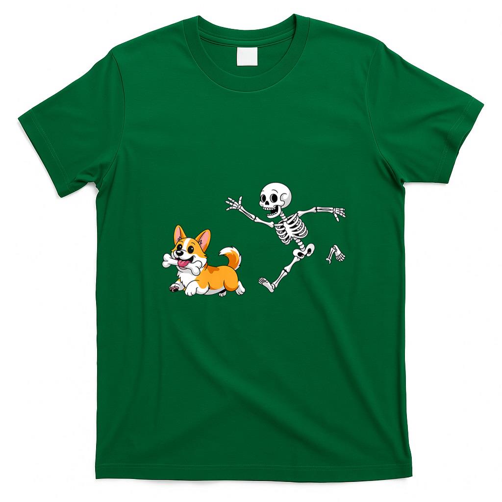 Pet Mom Halloween Shirt - Womens Funny Skeleton Chasing Corgi Halloween Dog Mom Pet Lover V-Neck T-Shirt