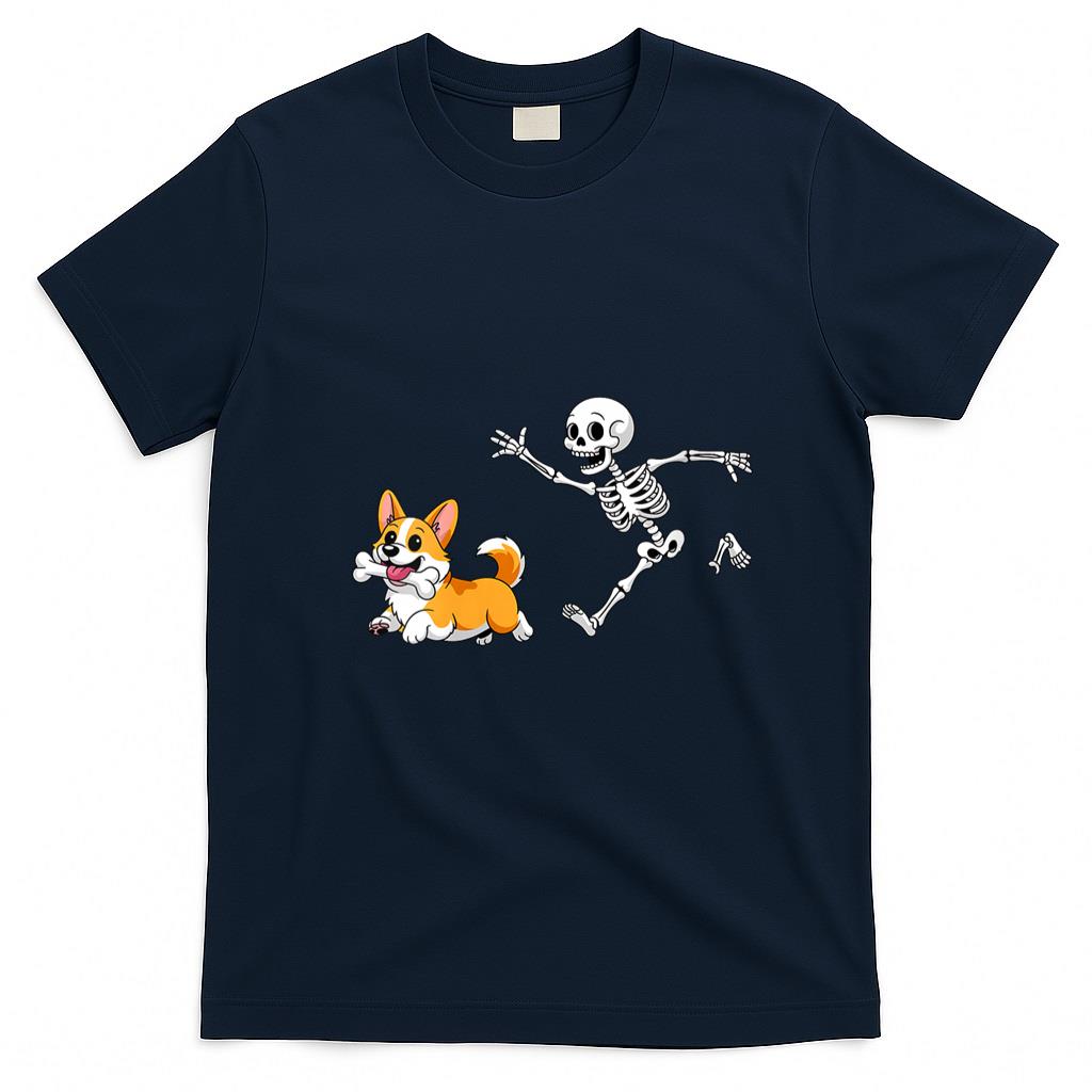 Pet Mom Halloween Shirt - Womens Funny Skeleton Chasing Corgi Halloween Dog Mom Pet Lover V-Neck T-Shirt