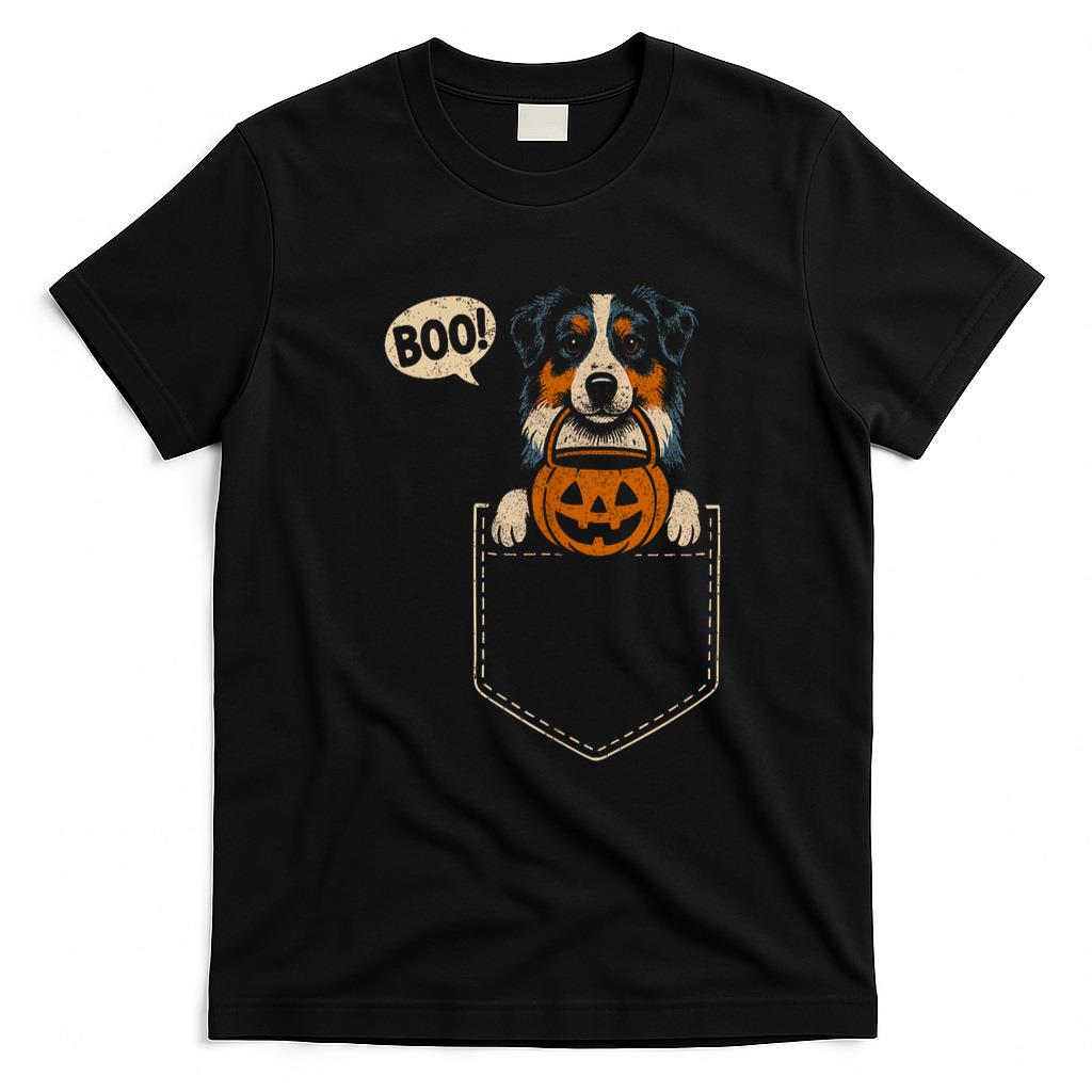 Pet Mom Halloween Shirt - Funny Australian Shepherd Halloween Aussie Dog Pocket Boo T-Shirt