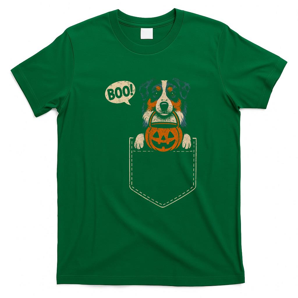 Pet Mom Halloween Shirt - Funny Australian Shepherd Halloween Aussie Dog Pocket Boo T-Shirt