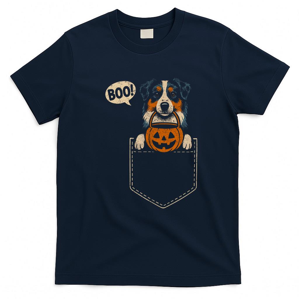 Pet Mom Halloween Shirt - Funny Australian Shepherd Halloween Aussie Dog Pocket Boo T-Shirt