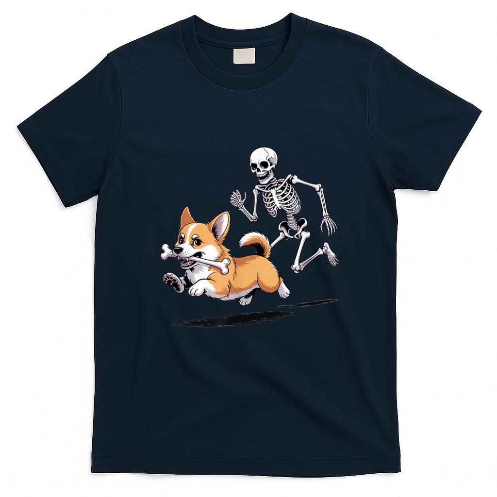 Pet Mom Halloween Shirt - Funny Skeleton Chasing Corgi Halloween Dog Mom Pet Lover T-Shirt