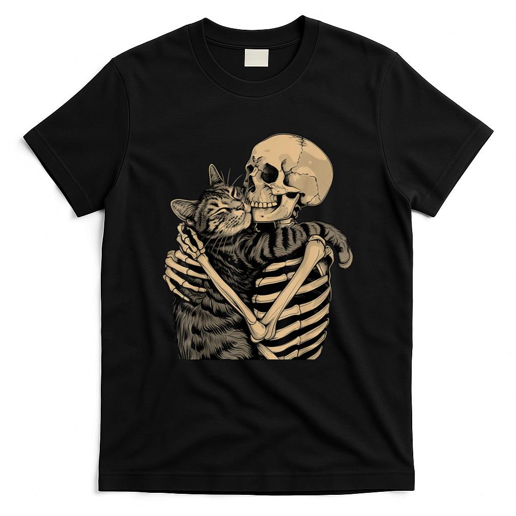 Halloween Shirt - Skeleton Hugging Cat Halloween Cat Lover Cat Mom Dad T-Shirt
