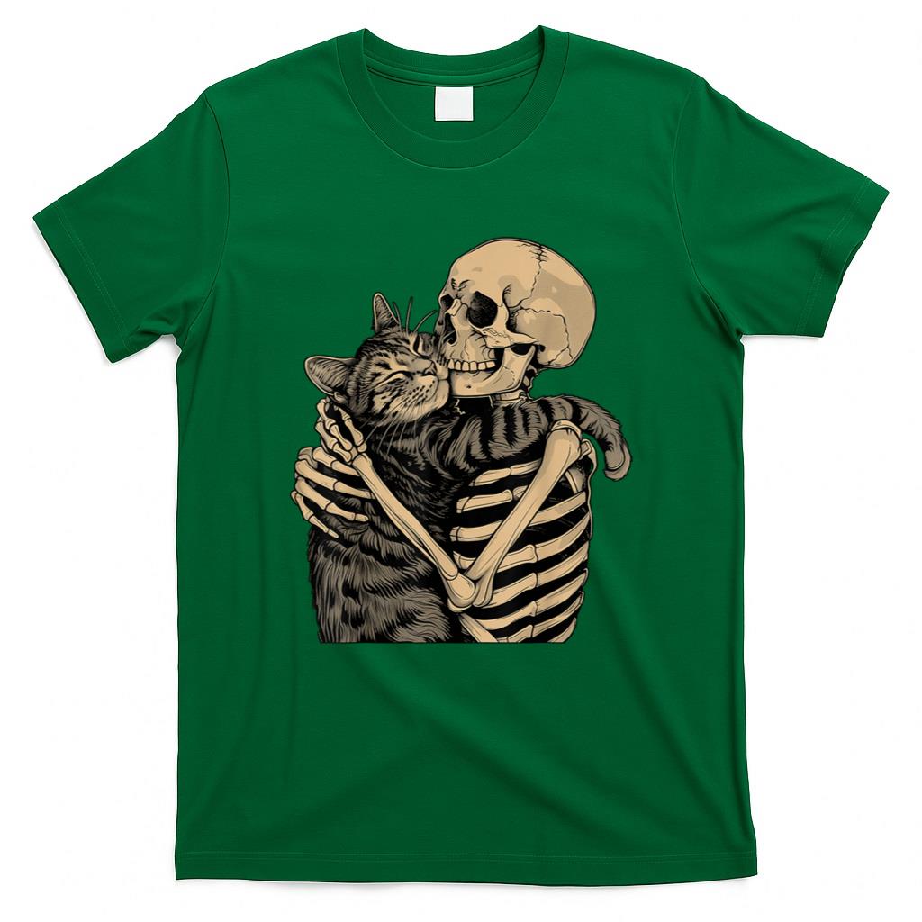 Halloween Shirt - Skeleton Hugging Cat Halloween Cat Lover Cat Mom Dad T-Shirt