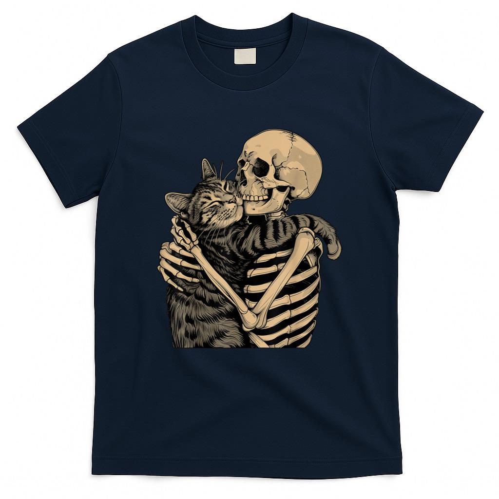 Halloween Shirt - Skeleton Hugging Cat Halloween Cat Lover Cat Mom Dad T-Shirt