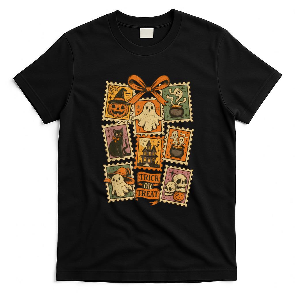 Halloween Shirt - Retro Halloween Stamp Icons Funny Halloween Cat Ghost Stamp T-Shirt
