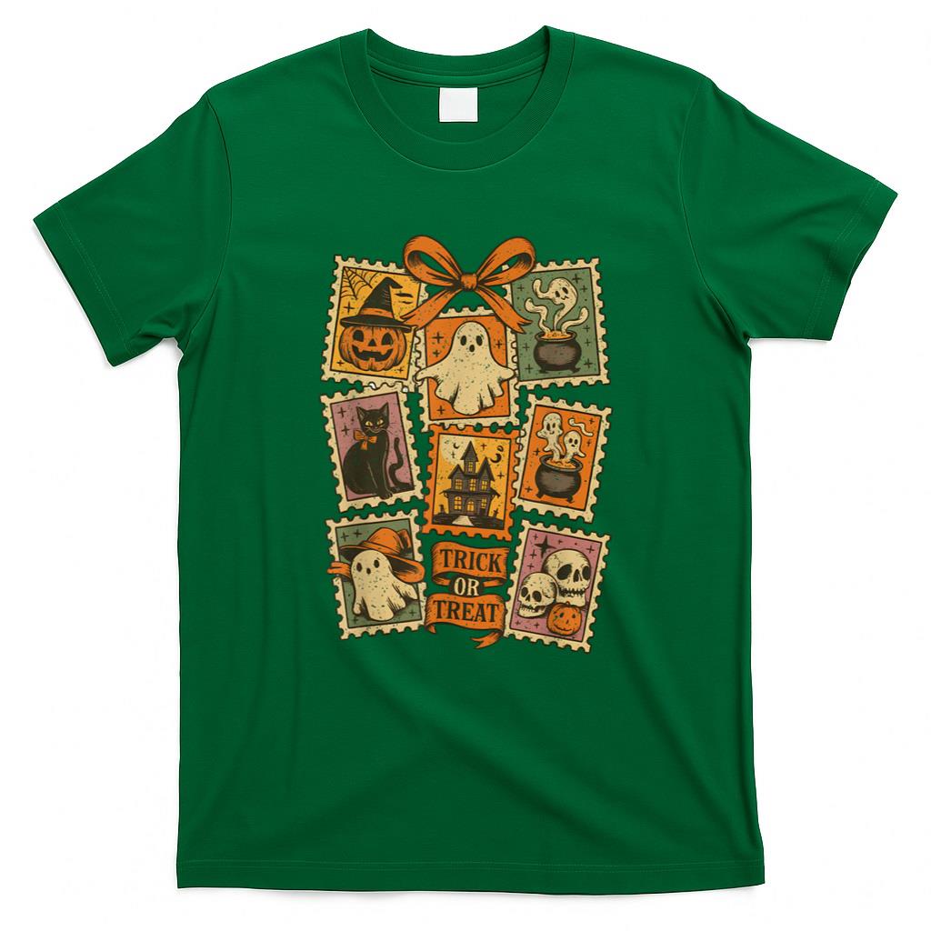 Halloween Shirt - Retro Halloween Stamp Icons Funny Halloween Cat Ghost Stamp T-Shirt