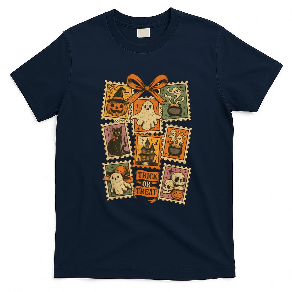 Halloween Shirt - Retro Halloween Stamp Icons Funny Halloween Cat Ghost Stamp T-Shirt