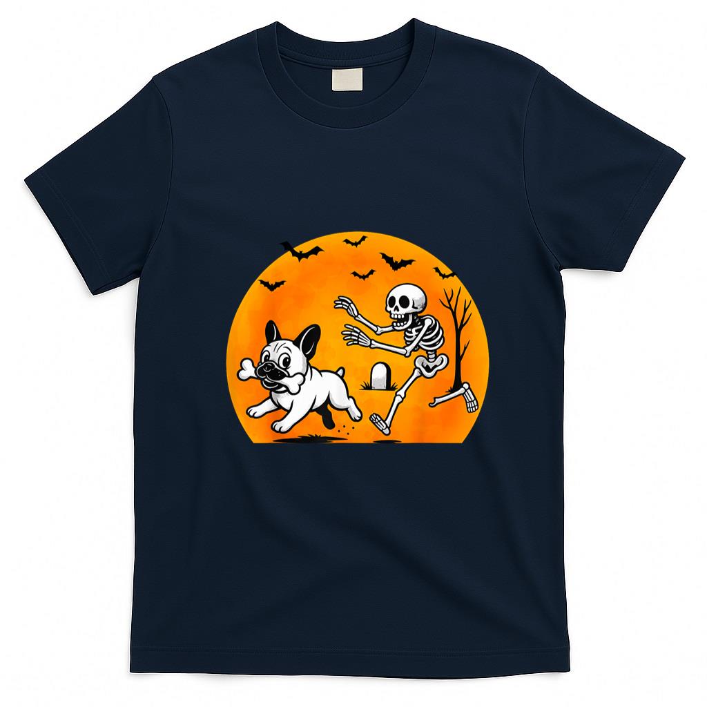 Pet Mom Halloween Shirt - Halloween Skeleton Chasing French Bulldog Pet Lover Dog Mom T-Shirt