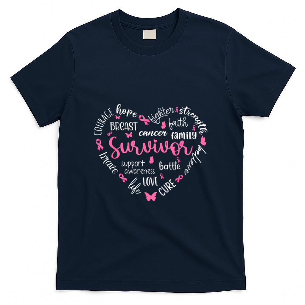 Pink Ribbon Heart Breast Cancer Awareness Survivor Warrior T-Shirt
