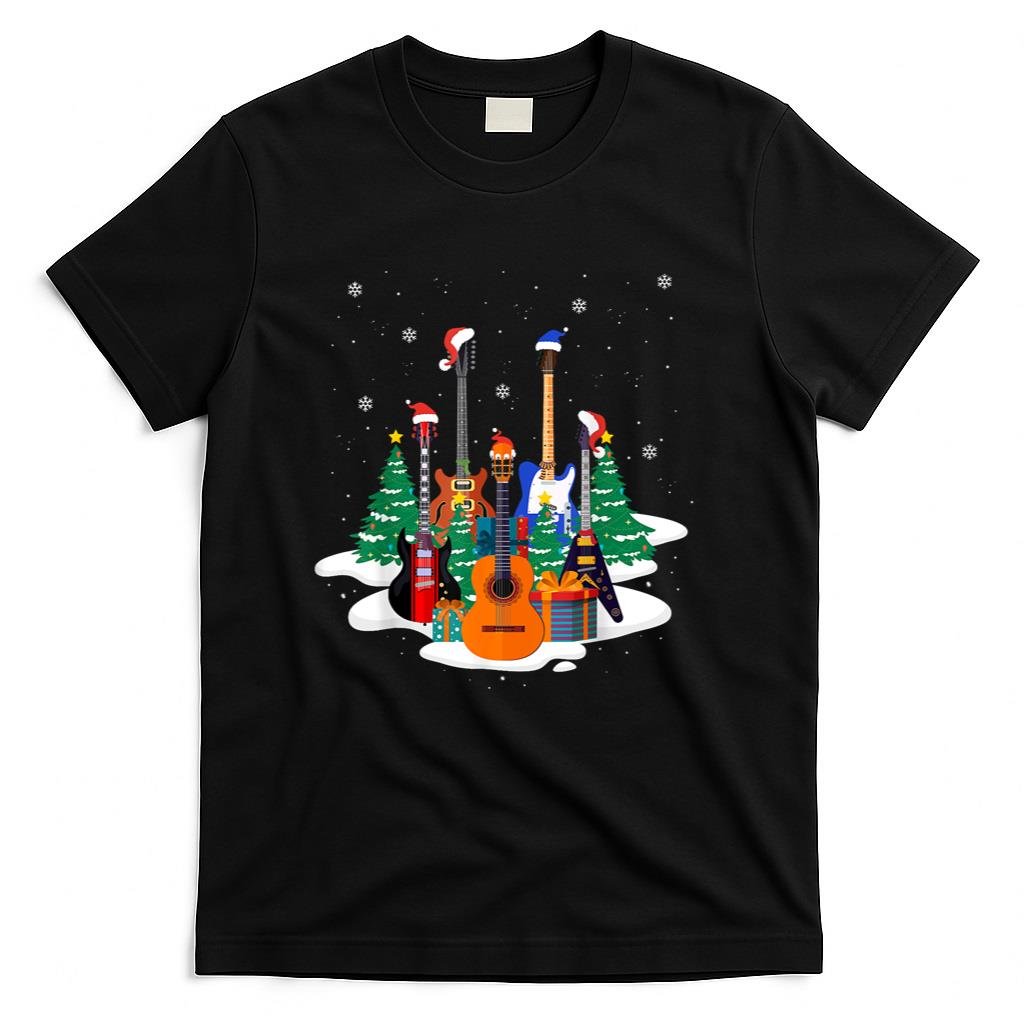 Guitar Santa Hat Christmas Tree Funny Music Loves Xmas Gifts T-Shirt