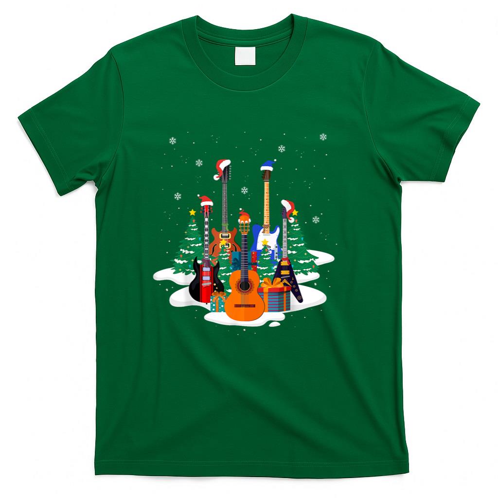 Guitar Santa Hat Christmas Tree Funny Music Loves Xmas Gifts T-Shirt