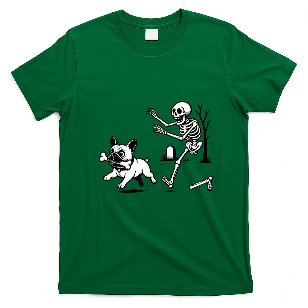 Pet Mom Halloween Shirt - Skeleton Chasing French Bulldog Halloween Dog Mom Pet Lover T-Shirt