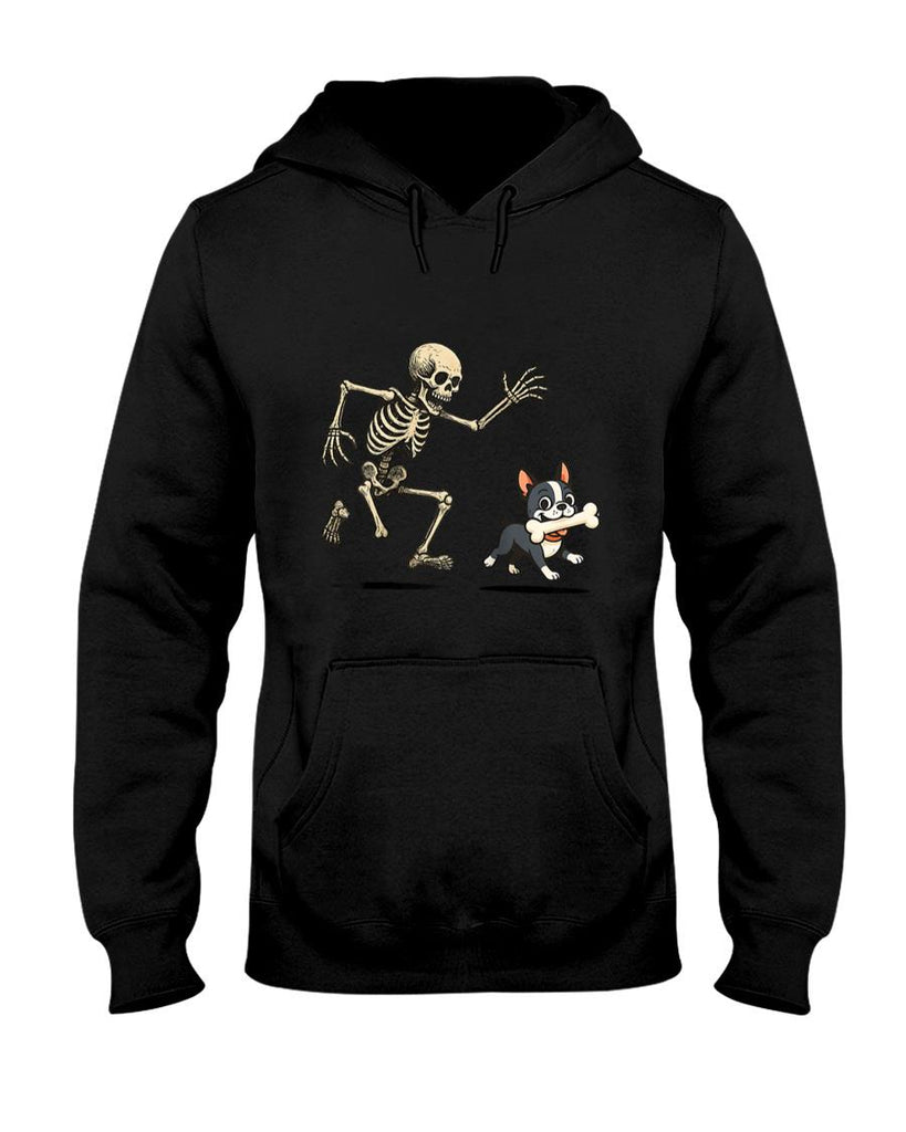 Pet Mom Halloween Shirt - Skeleton Chasing Dog Boston Terrier Halloween Mom Pet Lover Raglan Baseball Tee