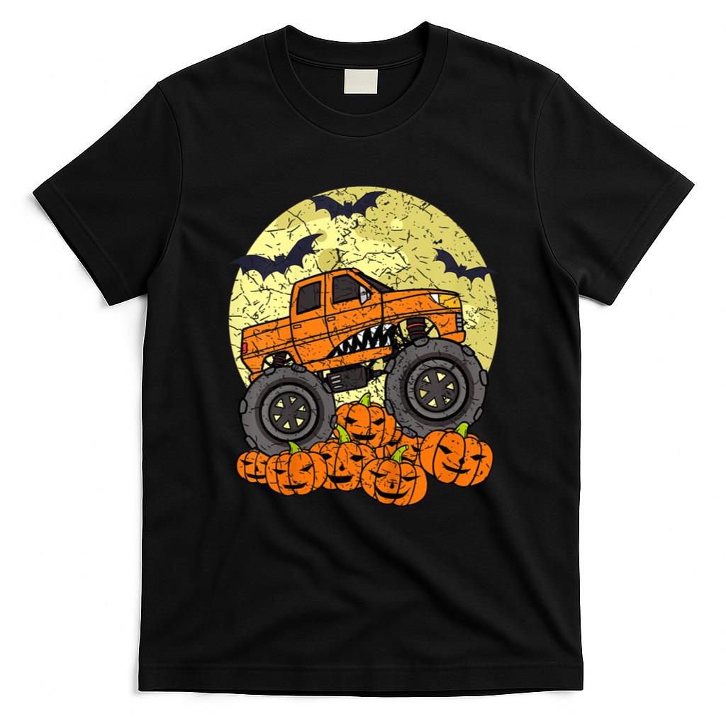 Halloween Shirt - Kids Monster Truck Halloween Jack O Lantern Moon Pumpkin Toddler T-Shirt