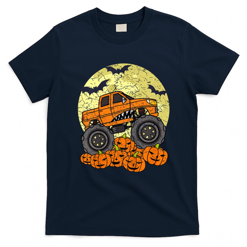 Halloween Shirt - Kids Monster Truck Halloween Jack O Lantern Moon Pumpkin Toddler T-Shirt