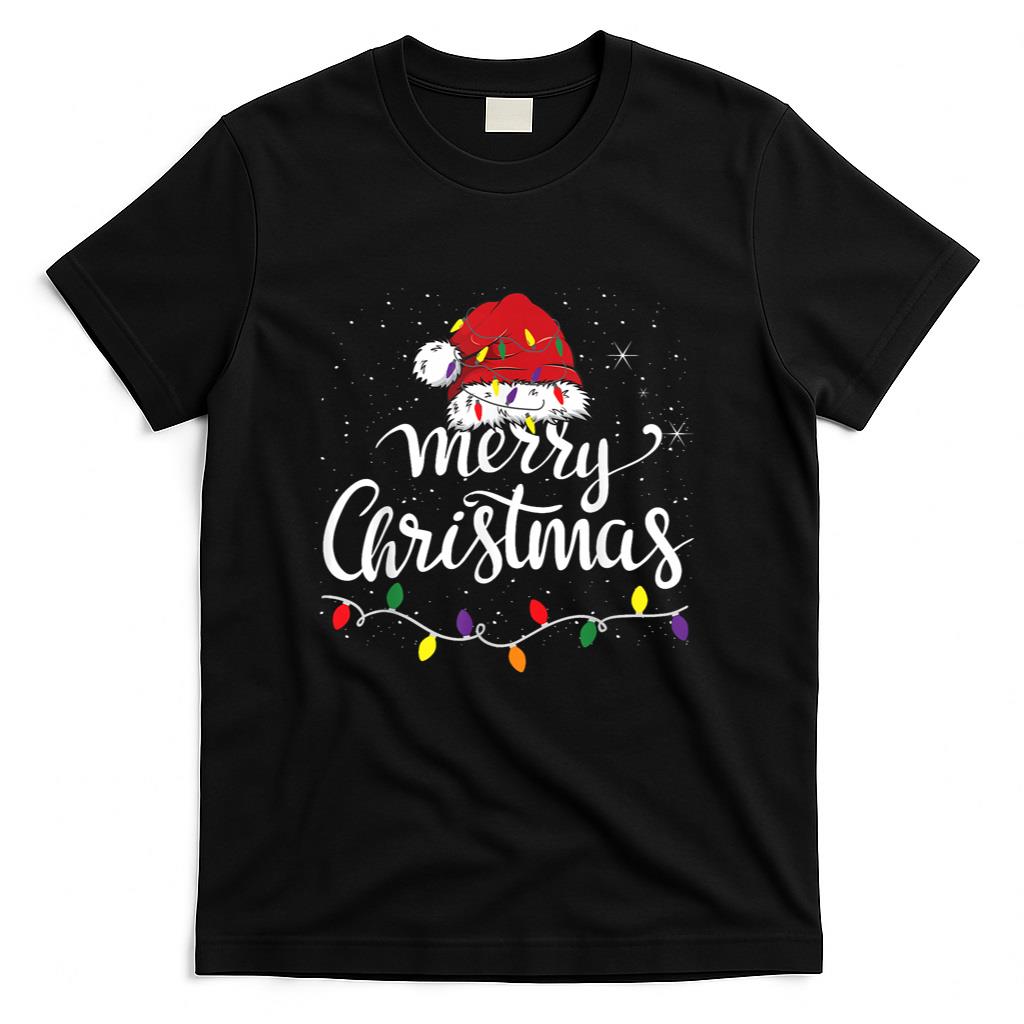 Merry Christmas Lights Red Santa Hat Xmas Family Men Women T-Shirt