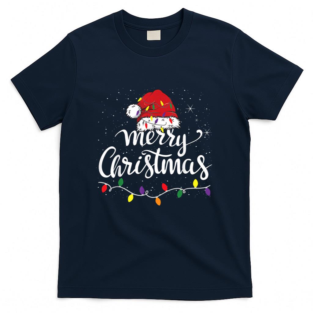 Merry Christmas Lights Red Santa Hat Xmas Family Men Women T-Shirt