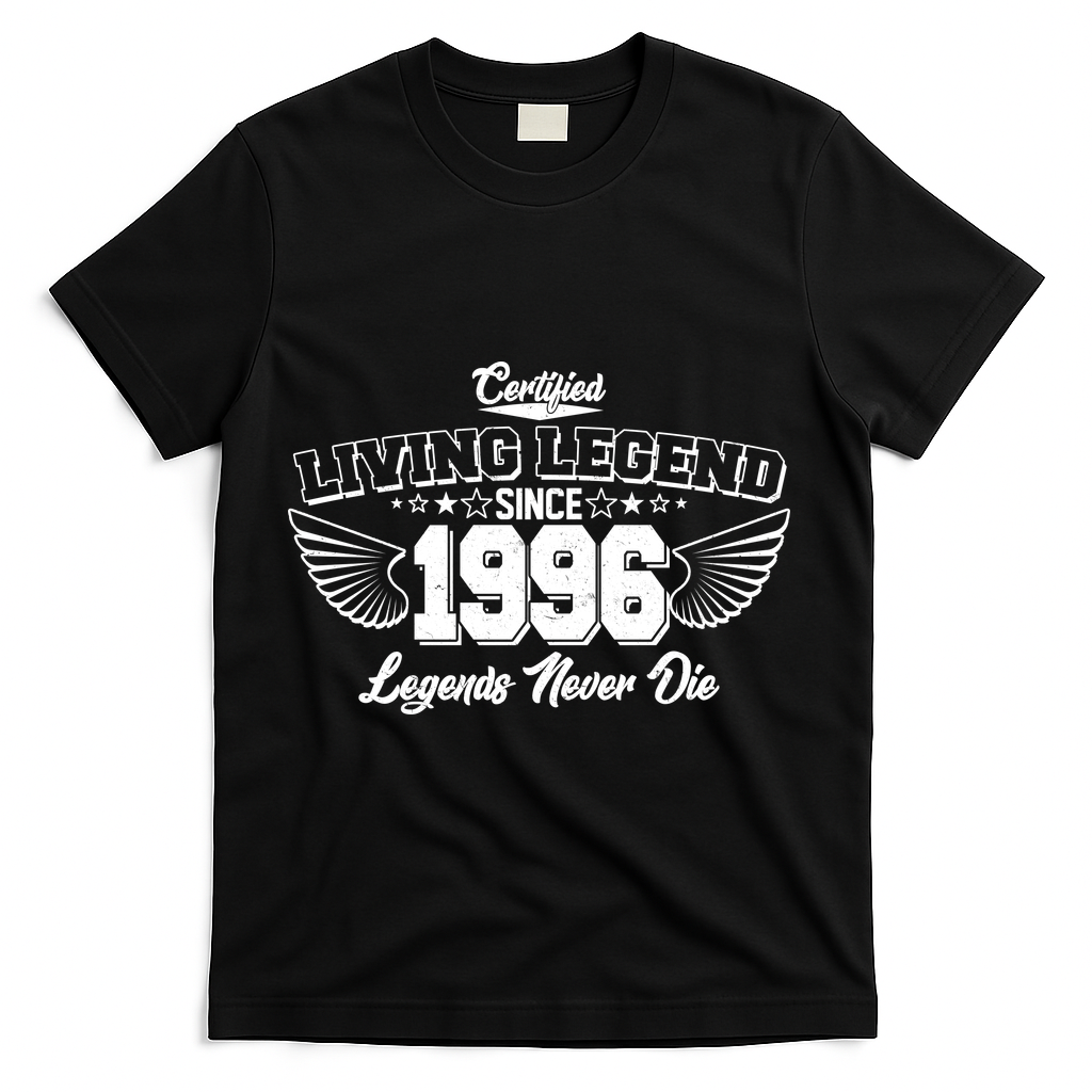 30th Birthday Certified Living Legend Since 1996 Legends Never Die Vintage Wings T-Shirt - Black