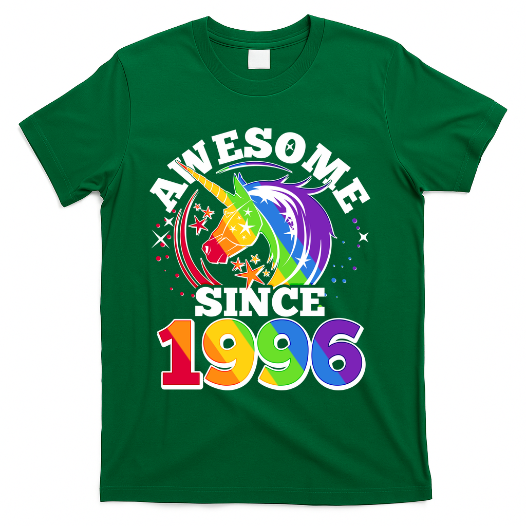 30th Birthday Rainbow Unicorn Awesome Since 1996 T-Shirt - Green