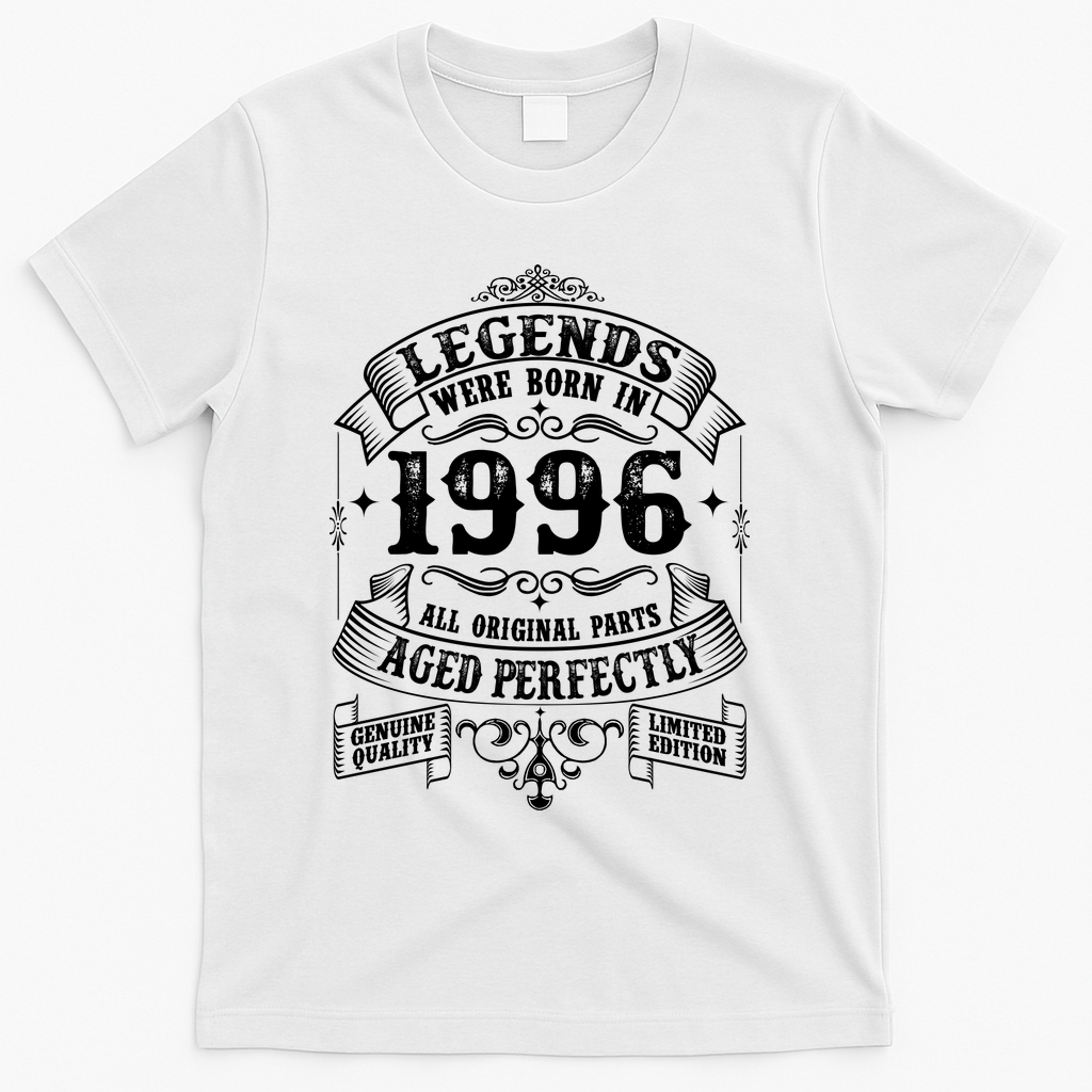 30th Birthday Vintage Scroll Border Legends Were Born Age Perfectly 1996 T-Shirt - White