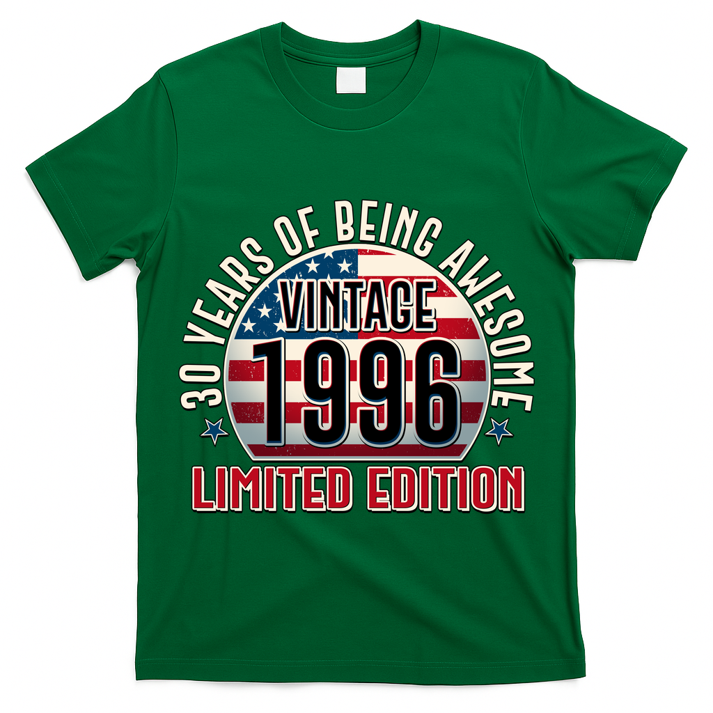 30th Birthday Vintage 1996 Limited Edition Years Of Being Awesome USA Flag  T-Shirt