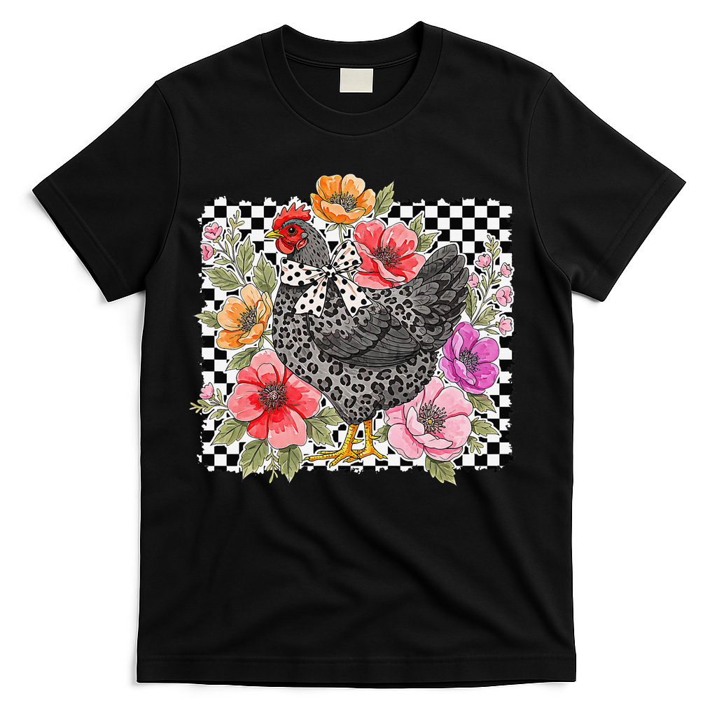 Checkered Flower Chicken Hen Lover Wildflower Chicken Mama T-Shirt