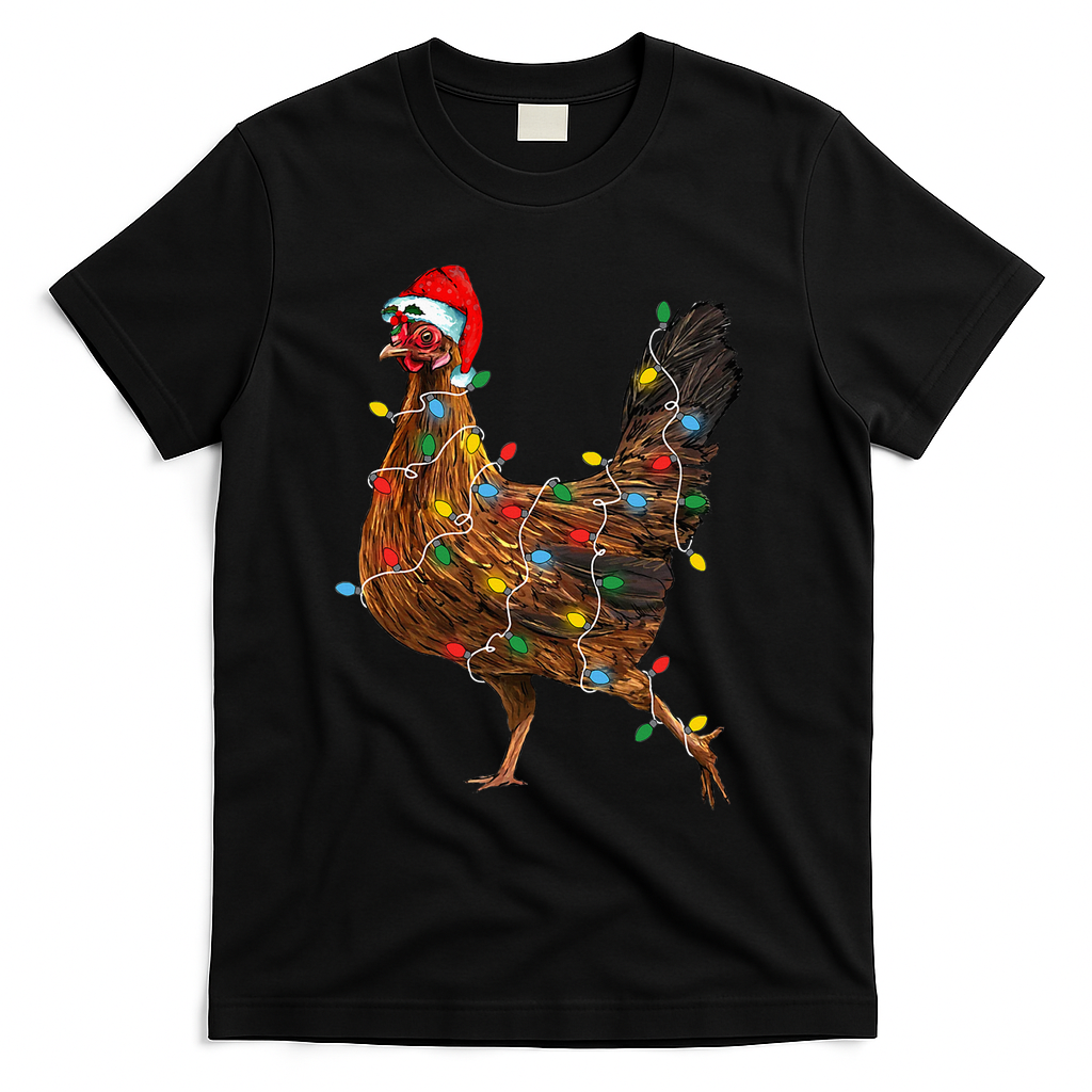 Chicken Christmas Lights Santa Hat Funny Chicken Lover Xmas T-Shirt