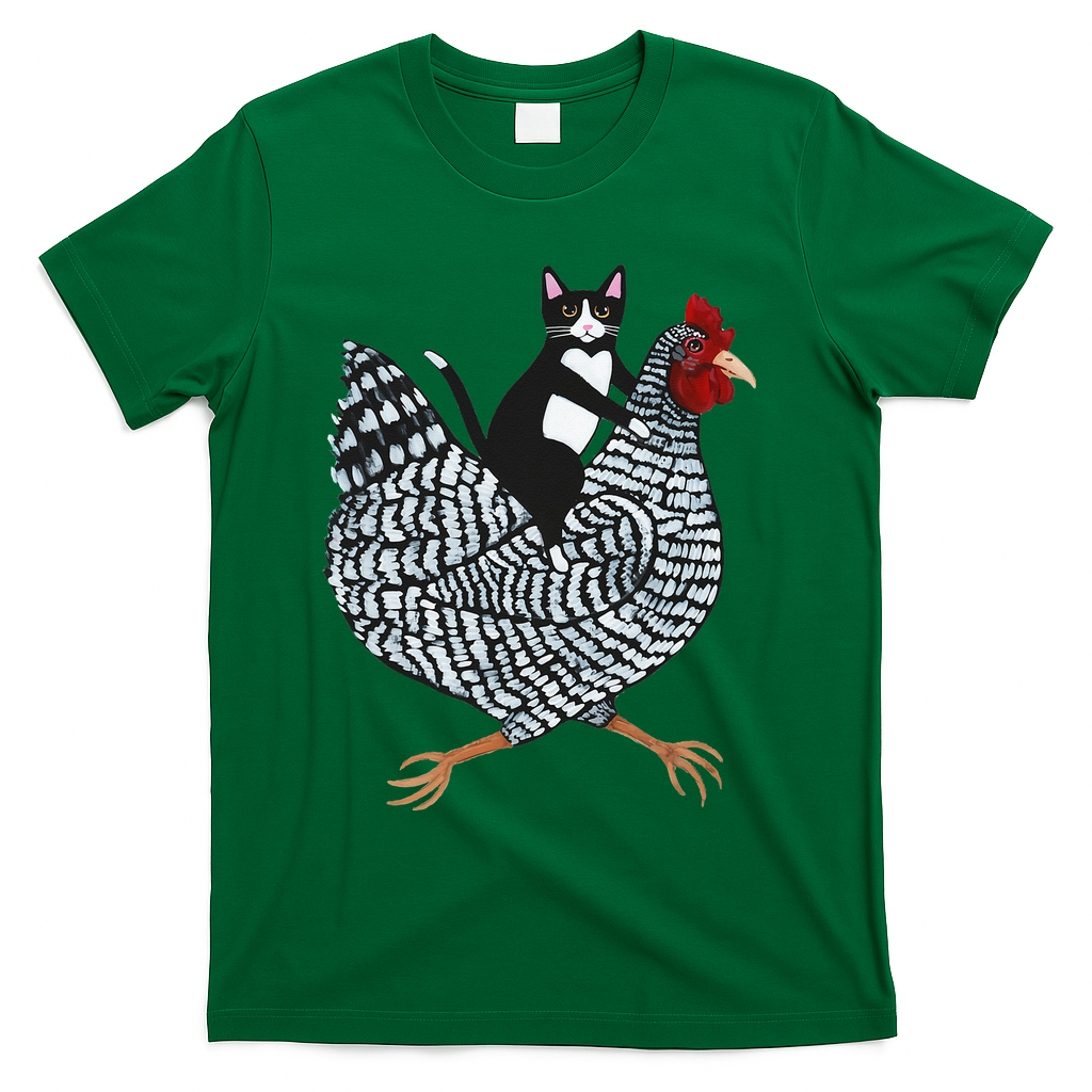 Cat Riding Funny Chicken Tuxedo Cat On A Chicken Lover T-Shirt