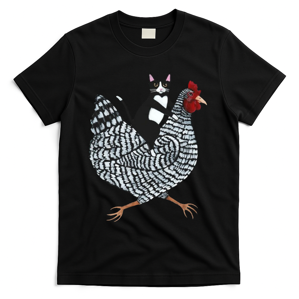 Tuxedo Cat Riding Chicken Funny T-Shirt