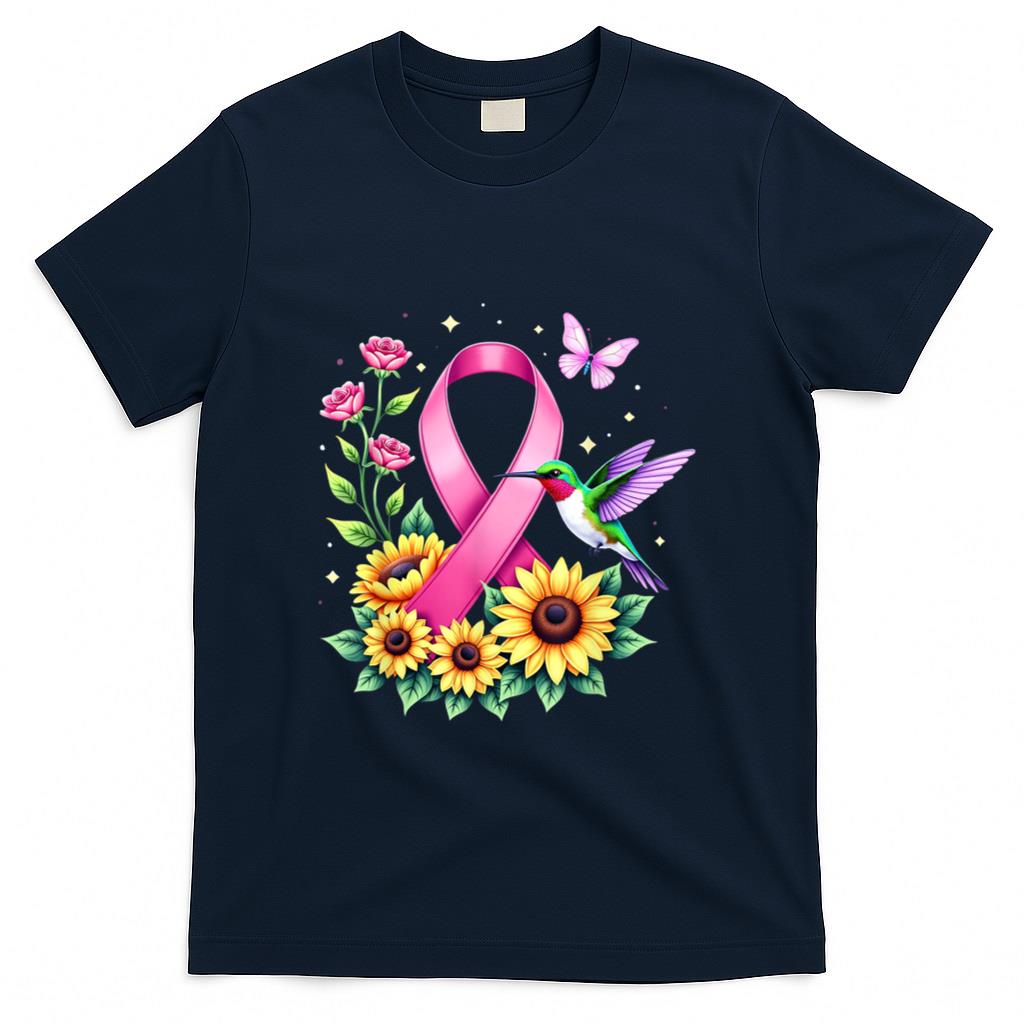 Hummingbird Sunflower Pink Ribbon Breast Cancer Awareness T-Shirt