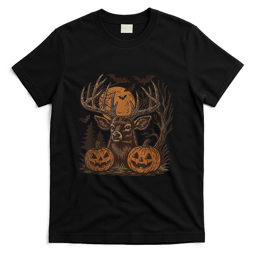 Halloween Deer Buck with Pumpkin Antlers Fall Spooky Night T-Shirt