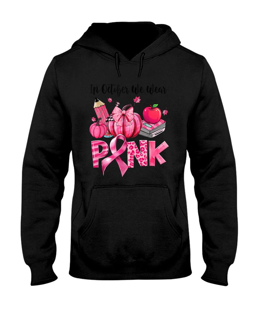 In October We Wear Pink Apple Teacher Pumpkin Breast Cancer T-Shirt