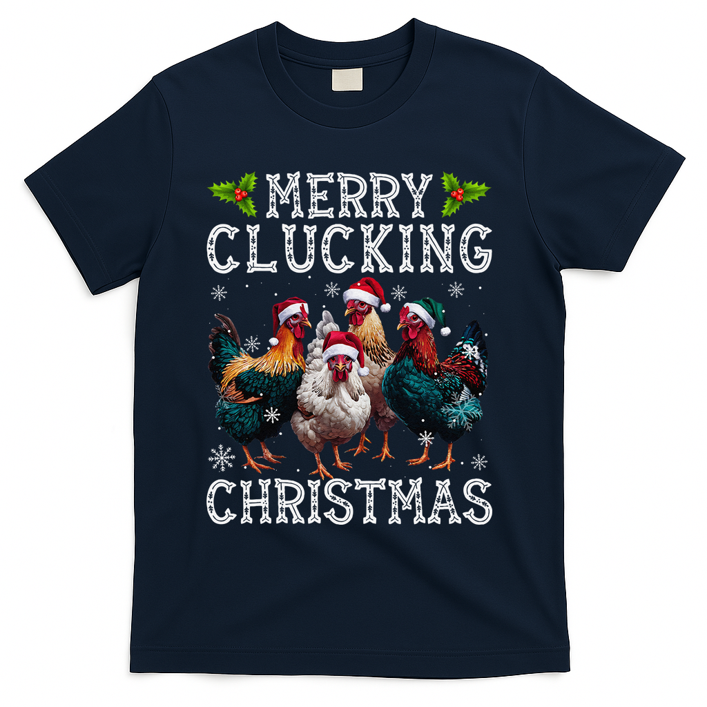 Merry Clucking Christmas Funny Chicken Lights Santa Hat Xmas T-Shirt