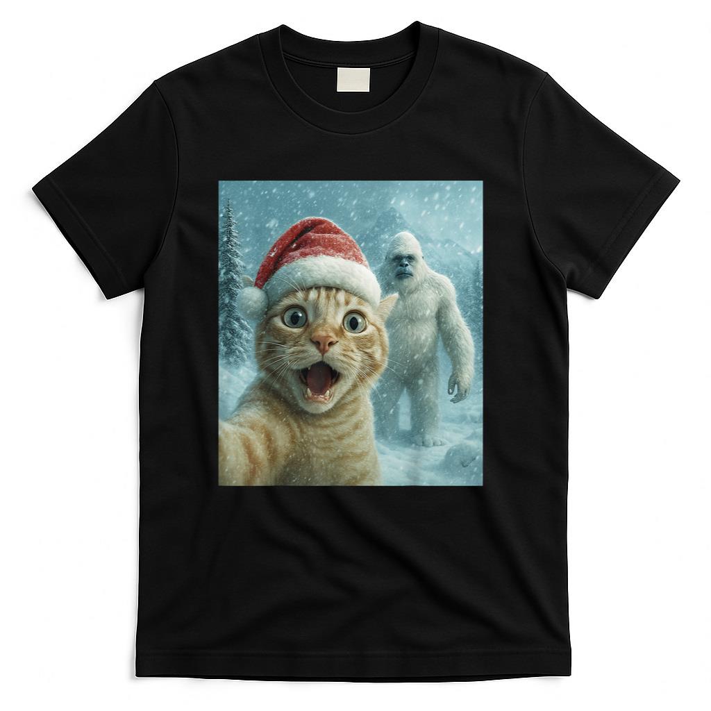 Funny Cat Santa Hat Yeti Christmas Snow Meme Cool Selfie T-Shirt
