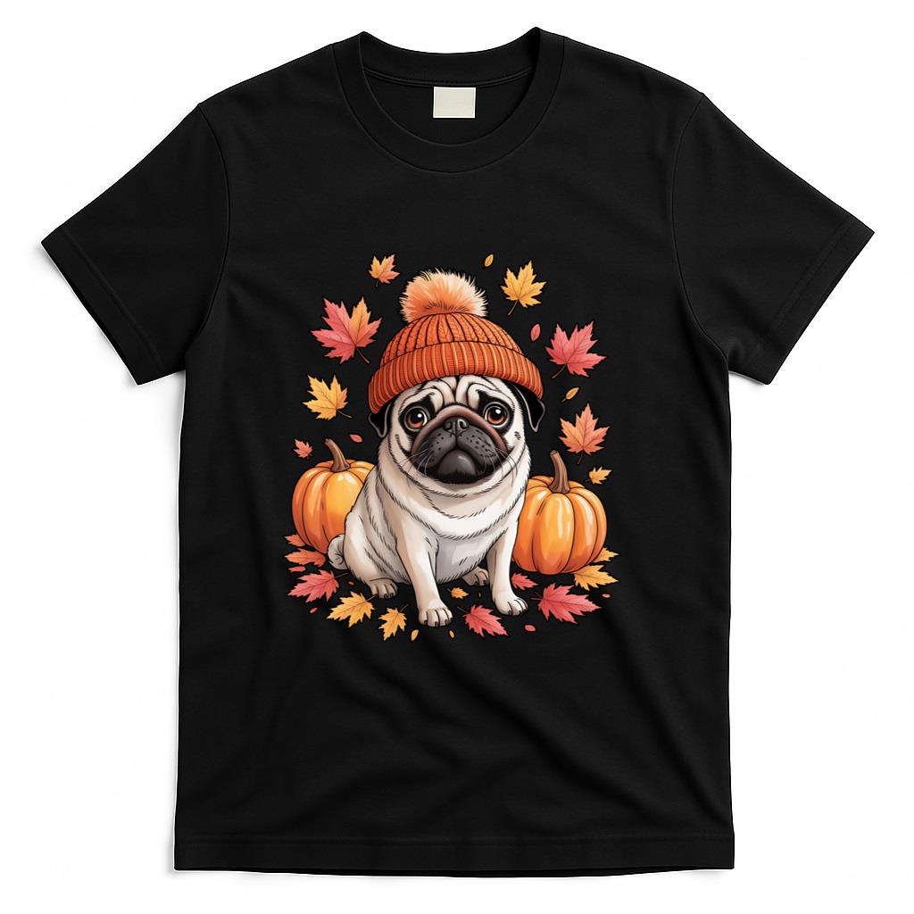 Funny Pug Fall Scarf Autumn Leaves Dog Lovers Long Sleeve T-Shirt